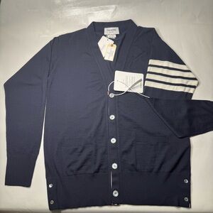 Thom Browne Classic V-Neck Cardigan Navy Size 3 Merino Wool 4 Bar Italy Authenti